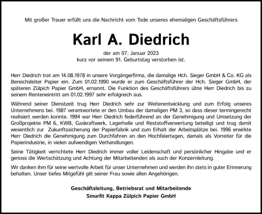  Traueranzeige für Karl A. Diedrich vom 28.01.2023 aus Kölner Stadt-Anzeiger / Kölnische Rundschau / Express