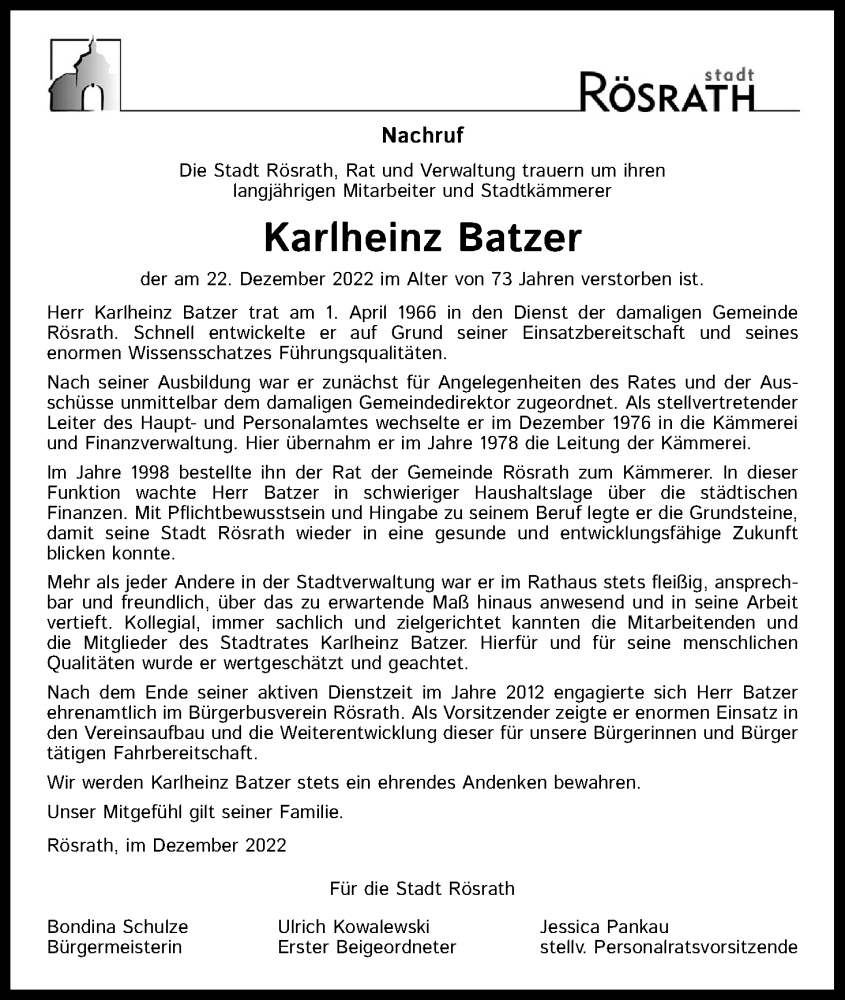  Traueranzeige für Karlheinz Batzer vom 07.01.2023 aus Kölner Stadt-Anzeiger / Kölnische Rundschau / Express