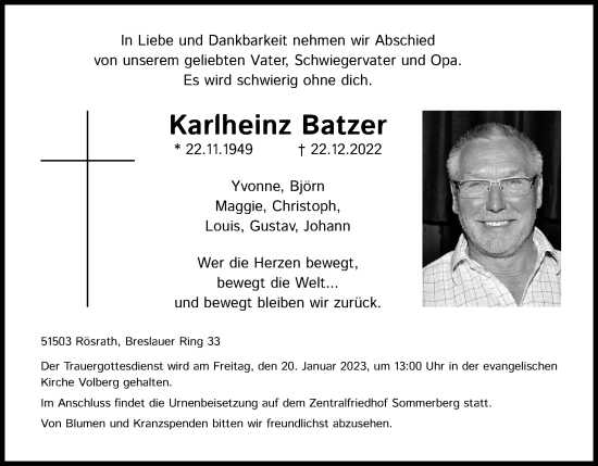Anzeige von Karlheinz Batzer von Kölner Stadt-Anzeiger / Kölnische Rundschau / Express
