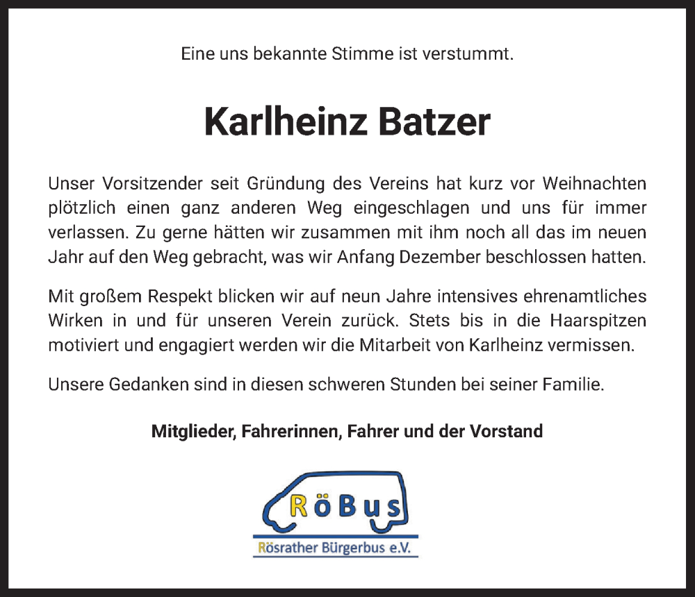  Traueranzeige für Karlheinz Batzer vom 14.01.2023 aus Kölner Stadt-Anzeiger / Kölnische Rundschau / Express