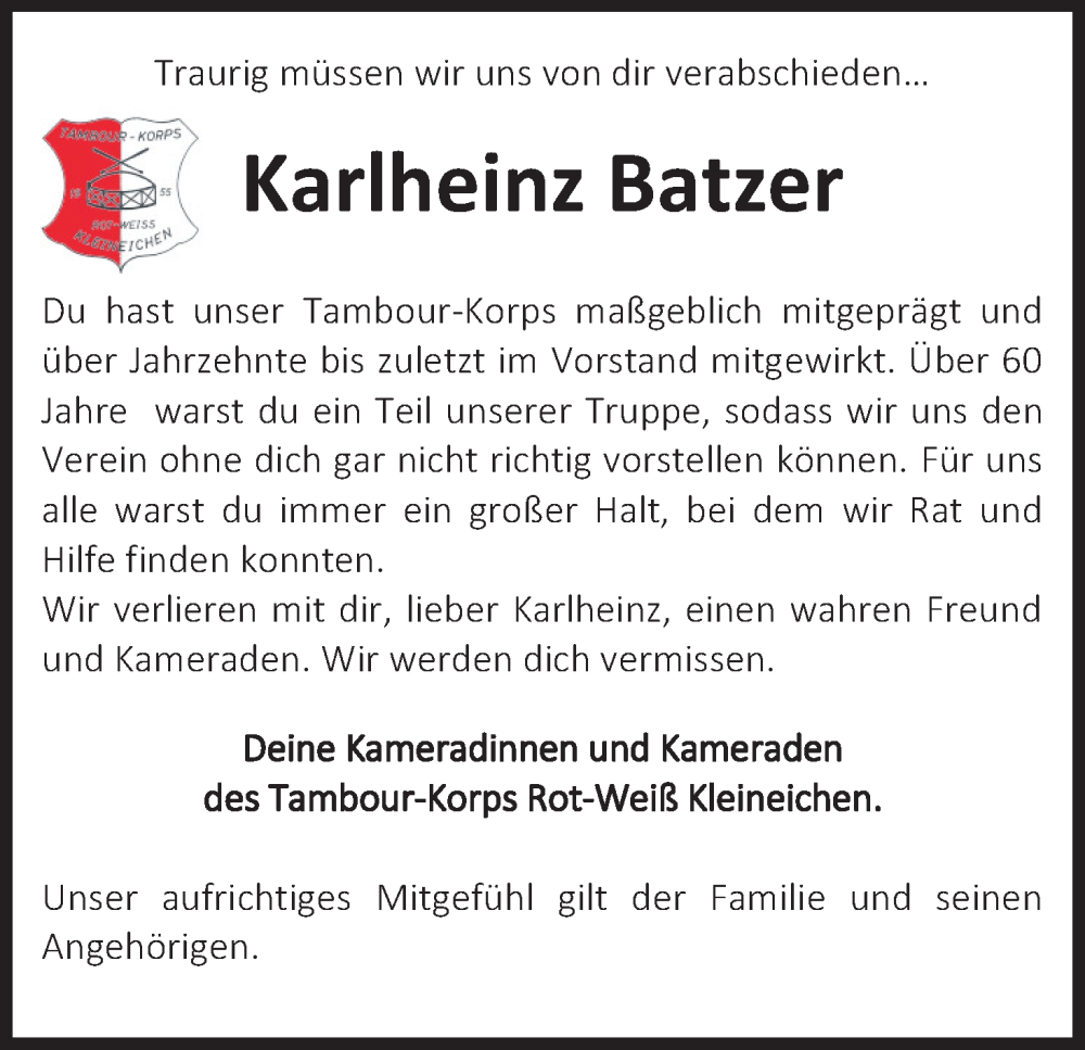  Traueranzeige für Karlheinz Batzer vom 14.01.2023 aus Kölner Stadt-Anzeiger / Kölnische Rundschau / Express
