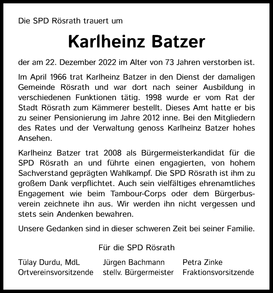  Traueranzeige für Karlheinz Batzer vom 21.01.2023 aus Kölner Stadt-Anzeiger / Kölnische Rundschau / Express