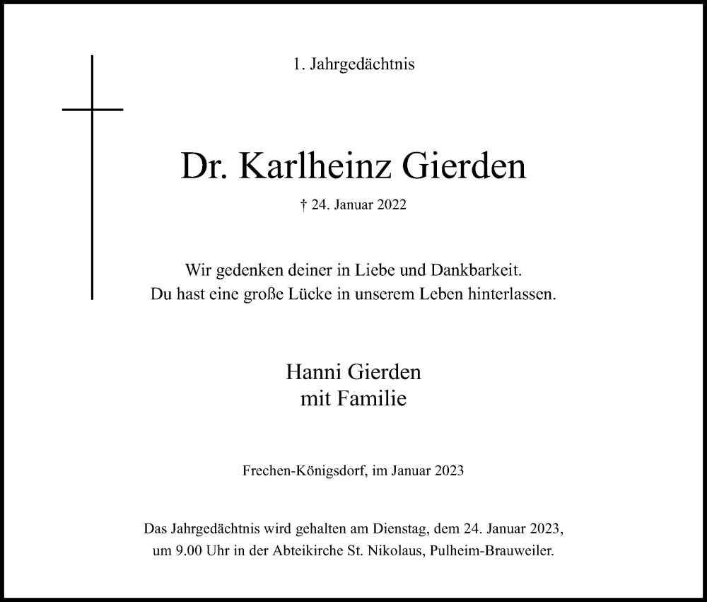  Traueranzeige für Karlheinz Gierden vom 14.01.2023 aus Kölner Stadt-Anzeiger / Kölnische Rundschau / Express