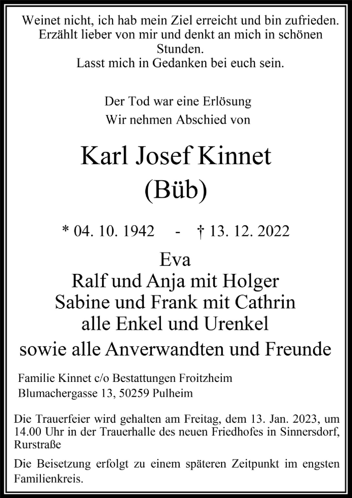  Traueranzeige für Karl Josef Kinnet vom 06.01.2023 aus  Wochenende 