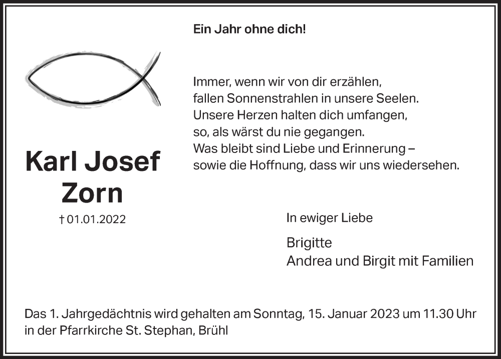  Traueranzeige für Karl Josef Zorn vom 06.01.2023 aus  Schlossbote/Werbekurier 
