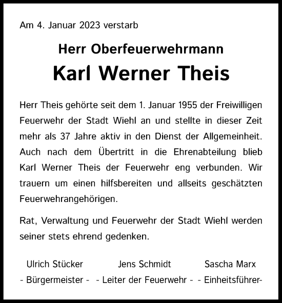 Anzeige von Karl Werner Theis von Kölner Stadt-Anzeiger / Kölnische Rundschau / Express