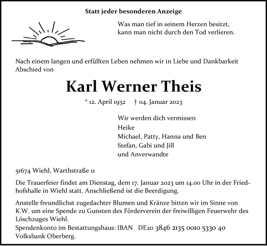 Anzeige von Karl Werner Theis von Kölner Stadt-Anzeiger / Kölnische Rundschau / Express