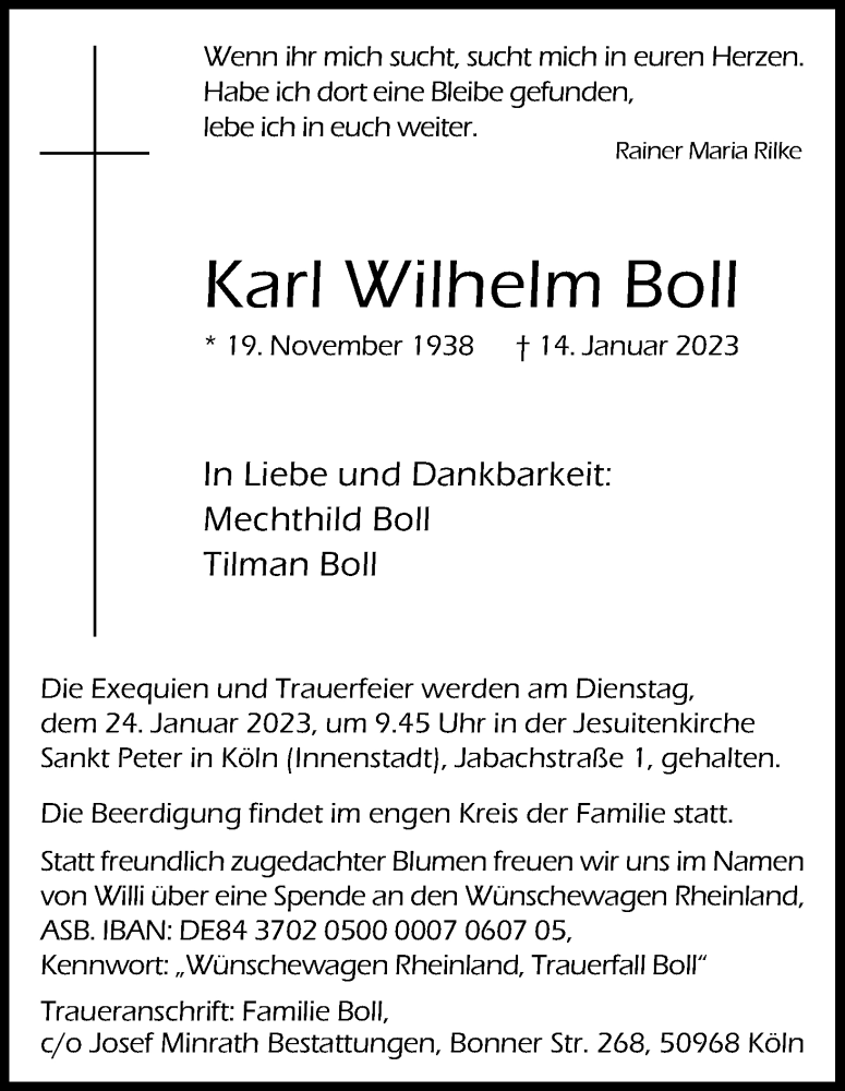  Traueranzeige für Karl Wilhelm Boll vom 18.01.2023 aus Kölner Stadt-Anzeiger / Kölnische Rundschau / Express