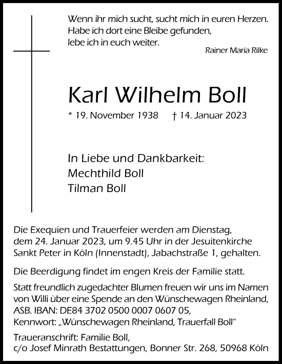 Anzeige von Karl Wilhelm Boll von Kölner Stadt-Anzeiger / Kölnische Rundschau / Express