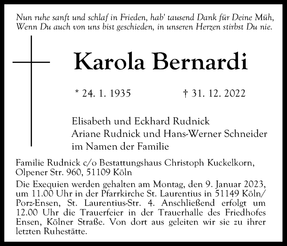  Traueranzeige für Karola Bernardi vom 07.01.2023 aus Kölner Stadt-Anzeiger / Kölnische Rundschau / Express