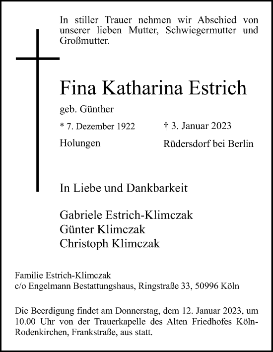 Anzeige von Katharina Estrich von Kölner Stadt-Anzeiger / Kölnische Rundschau / Express