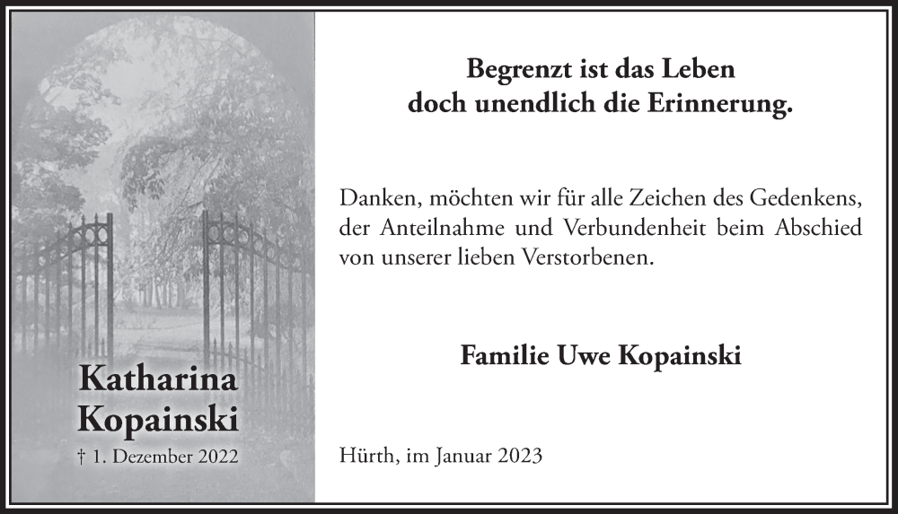  Traueranzeige für Katharina Kopainski vom 13.01.2023 aus  Wochenende 