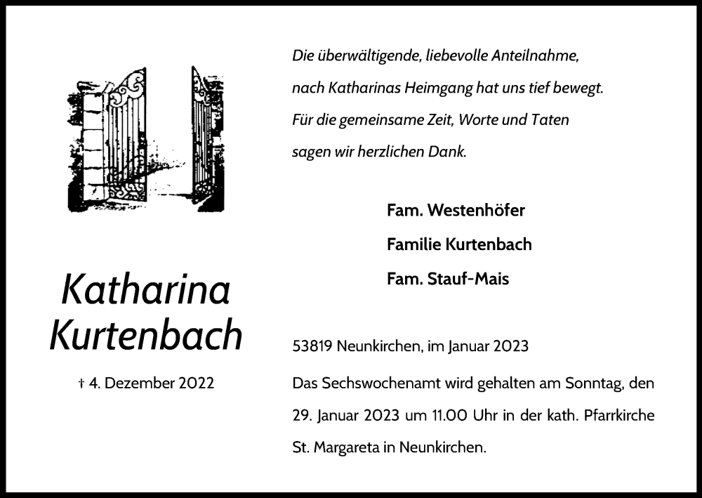  Traueranzeige für Katharina Kurtenbach vom 07.01.2023 aus Kölner Stadt-Anzeiger / Kölnische Rundschau / Express
