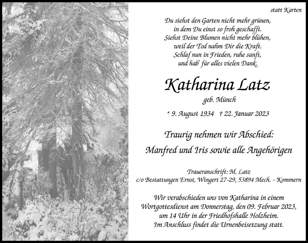  Traueranzeige für Katharina Latz vom 28.01.2023 aus  Blickpunkt Euskirchen 