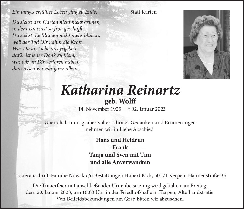  Traueranzeige für Katharina Reinartz vom 13.01.2023 aus  Werbepost 