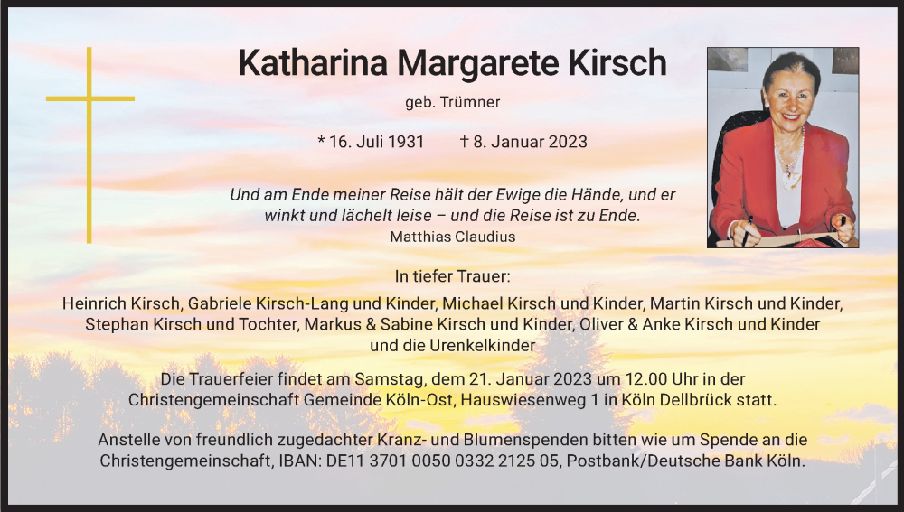  Traueranzeige für Katharina Margarete Kirsch vom 14.01.2023 aus Kölner Stadt-Anzeiger / Kölnische Rundschau / Express