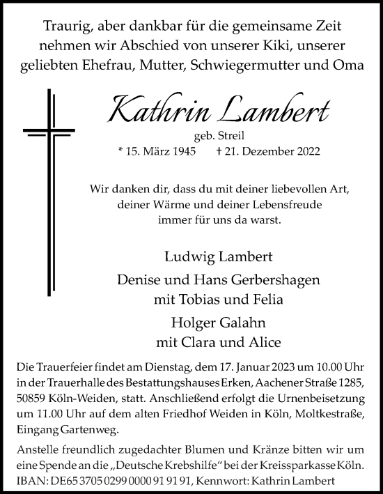 Anzeige von Kathrin Lambert von Kölner Stadt-Anzeiger / Kölnische Rundschau / Express