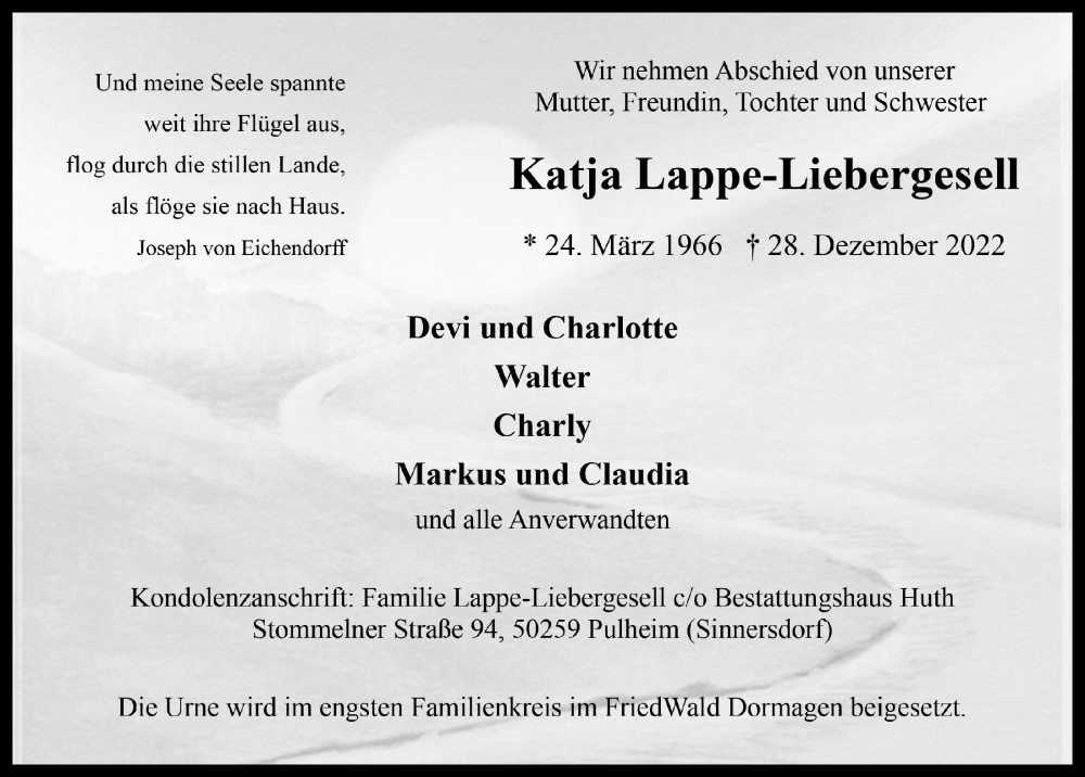 Traueranzeige für Katja Lappe-Liebergesell vom 06.01.2023 aus  Wochenende 
