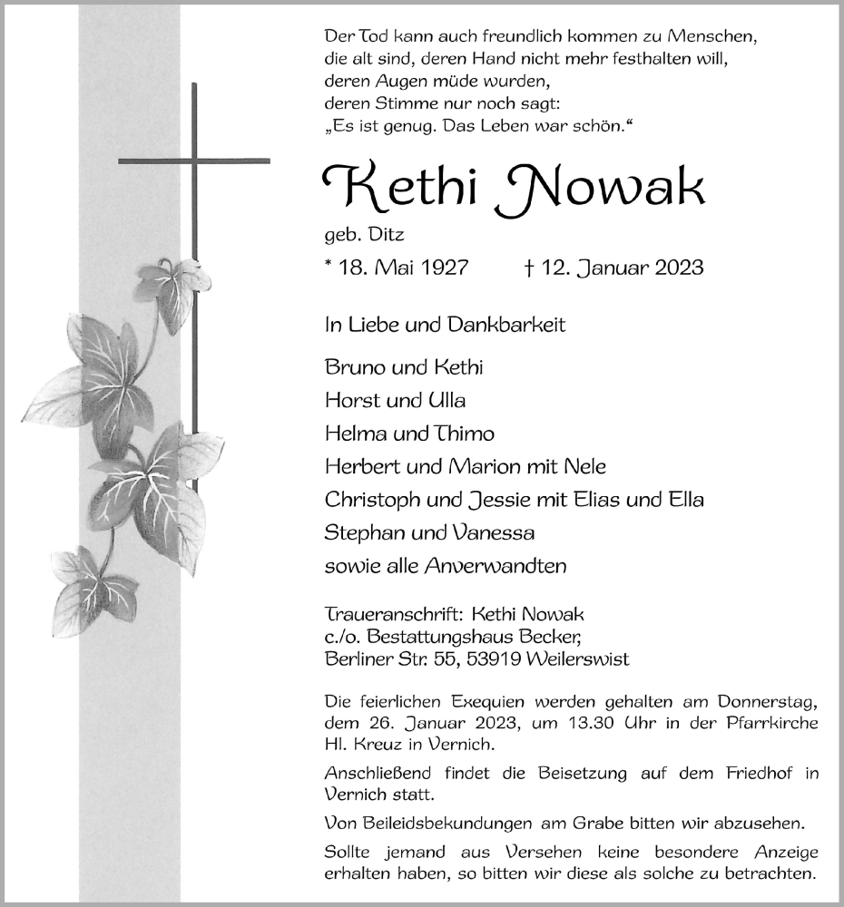  Traueranzeige für Kethi Nowak vom 21.01.2023 aus  Blickpunkt Euskirchen 