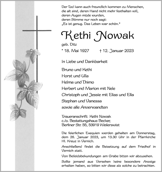 Anzeige von Kethi Nowak von Kölner Stadt-Anzeiger / Kölnische Rundschau / Express