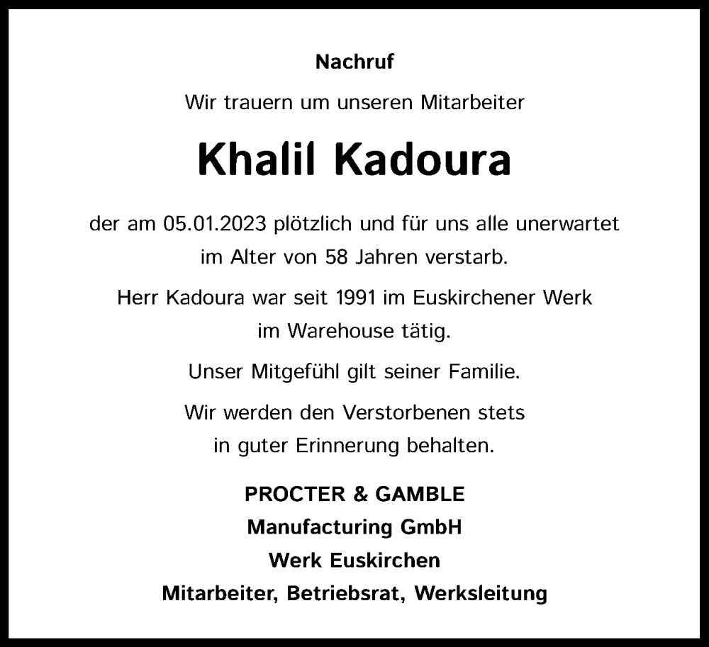  Traueranzeige für Khalil Kadoura vom 21.01.2023 aus Kölner Stadt-Anzeiger / Kölnische Rundschau / Express
