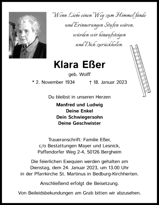 Anzeige von Klara Eßer von Kölner Stadt-Anzeiger / Kölnische Rundschau / Express
