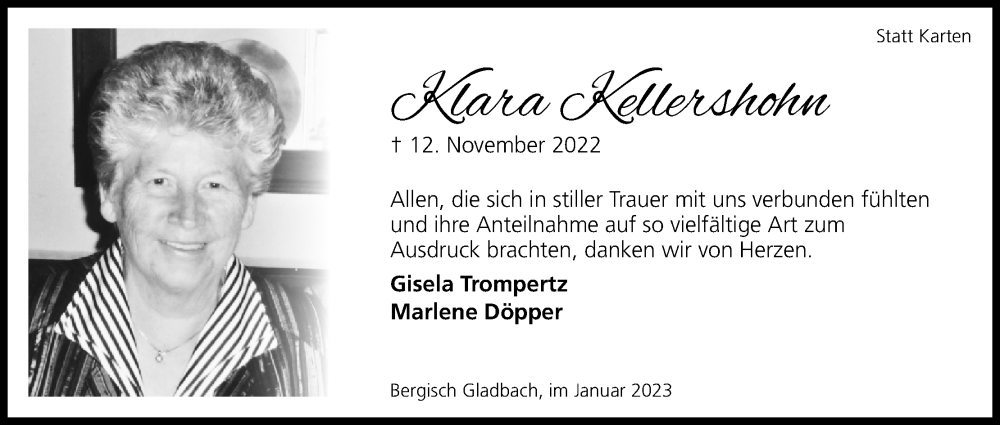  Traueranzeige für Klara Kellershohn vom 07.01.2023 aus Kölner Stadt-Anzeiger / Kölnische Rundschau / Express