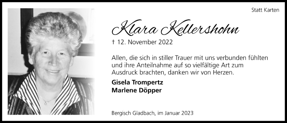  Traueranzeige für Klara Kellershohn vom 06.01.2023 aus  Bergisches Handelsblatt 