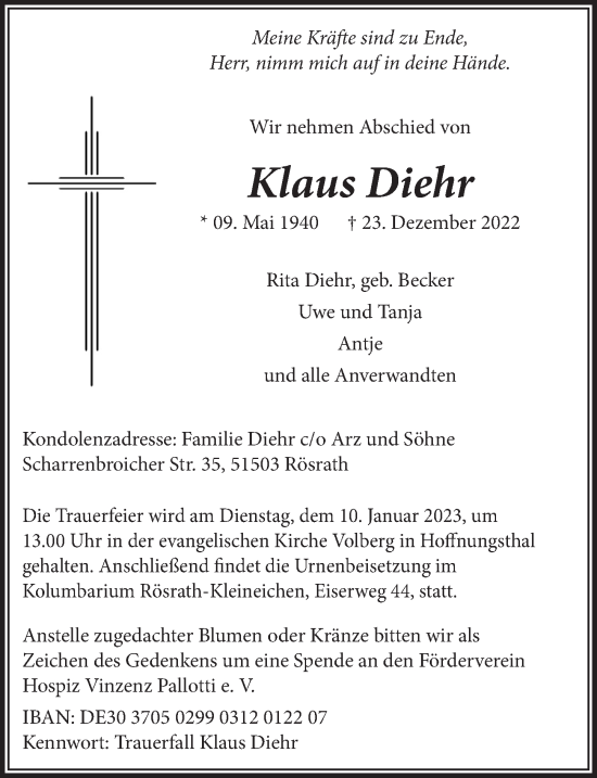 Anzeige von Klaus Diehr von  Bergisches Handelsblatt 