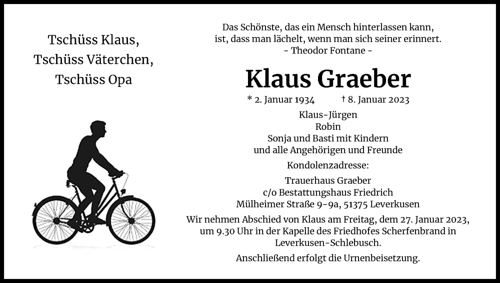  Traueranzeige für Klaus Graeber vom 21.01.2023 aus Kölner Stadt-Anzeiger / Kölnische Rundschau / Express