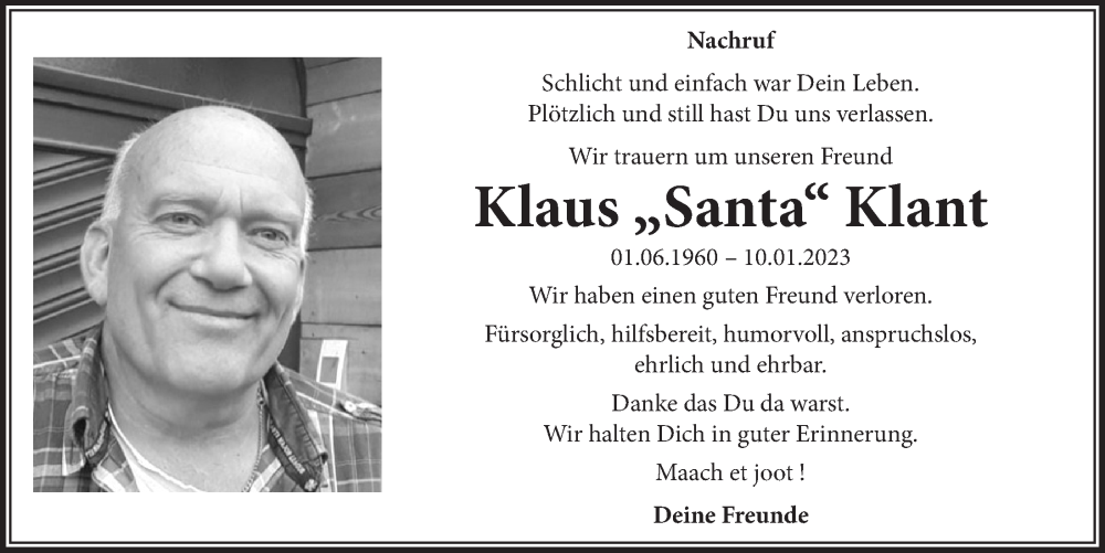  Traueranzeige für Klaus Klant vom 27.01.2023 aus  Schaufenster/Blickpunkt 