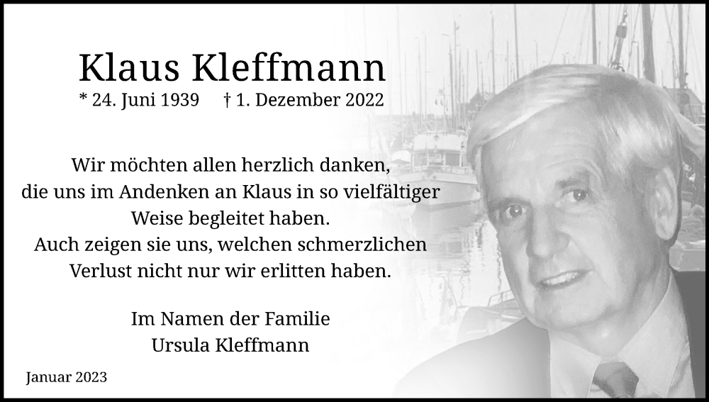  Traueranzeige für Klaus Kleffmann vom 14.01.2023 aus Kölner Stadt-Anzeiger / Kölnische Rundschau / Express
