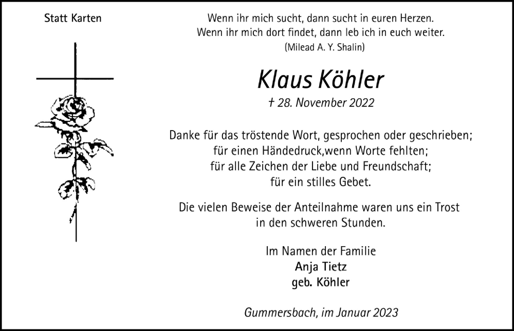  Traueranzeige für Klaus Köhler vom 13.01.2023 aus  Anzeigen Echo 