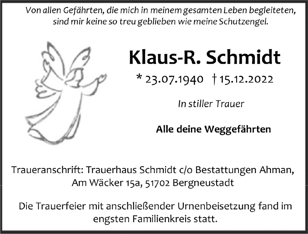  Traueranzeige für Klaus-R. Schmidt vom 06.01.2023 aus  Anzeigen Echo 
