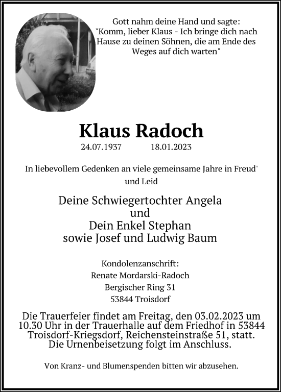 Anzeige von Klaus Radoch von Kölner Stadt-Anzeiger / Kölnische Rundschau / Express