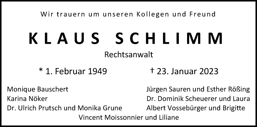  Traueranzeige für Klaus Schlimm vom 28.01.2023 aus Kölner Stadt-Anzeiger / Kölnische Rundschau / Express