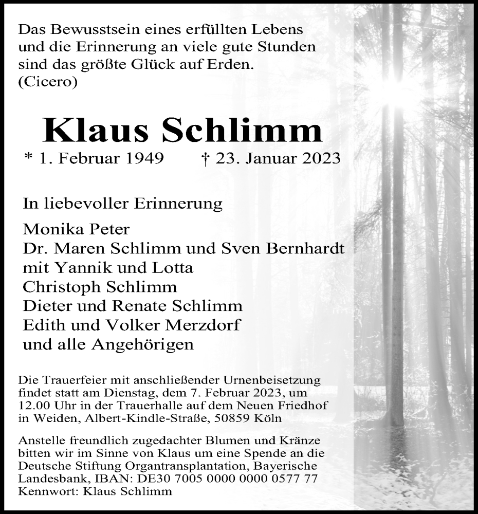  Traueranzeige für Klaus Schlimm vom 28.01.2023 aus Kölner Stadt-Anzeiger / Kölnische Rundschau / Express