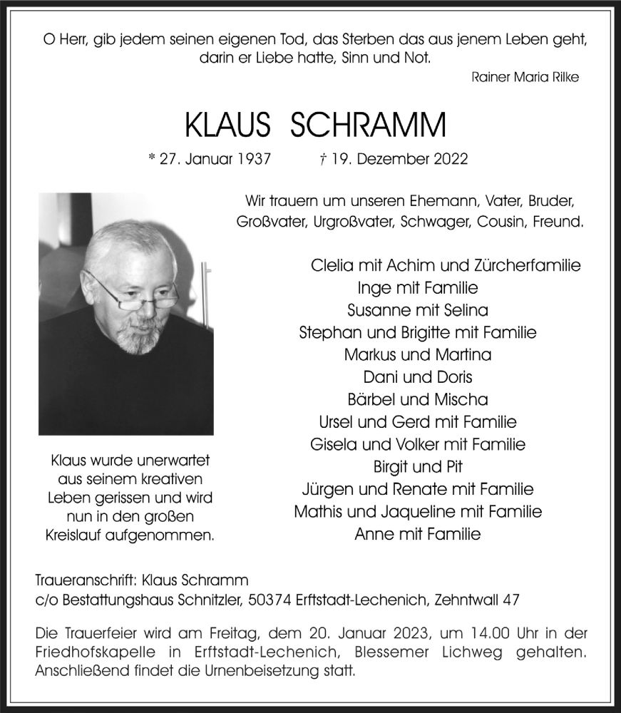  Traueranzeige für Klaus Schramm vom 06.01.2023 aus  Werbepost 