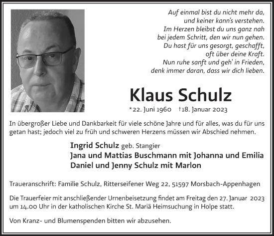Anzeige von Klaus Schulz von  Lokalanzeiger 