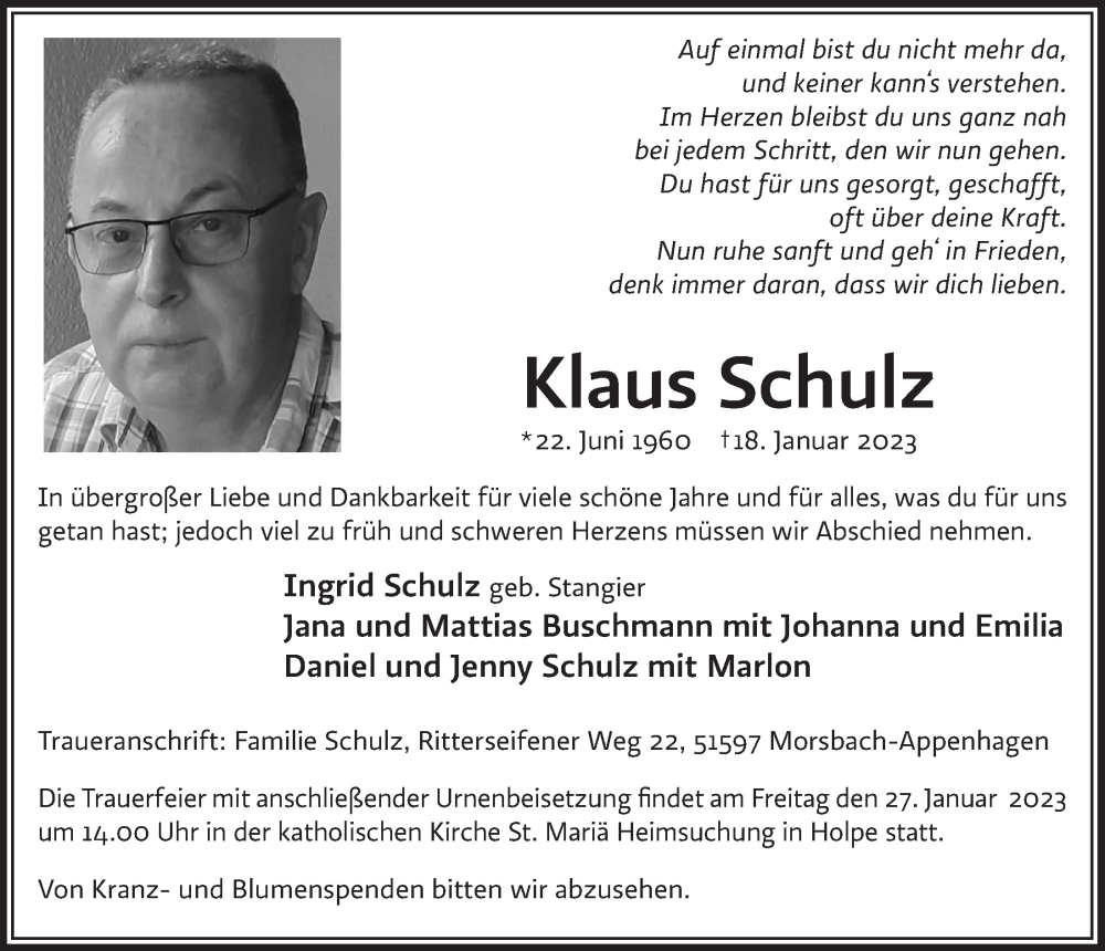  Traueranzeige für Klaus Schulz vom 27.01.2023 aus  Lokalanzeiger 