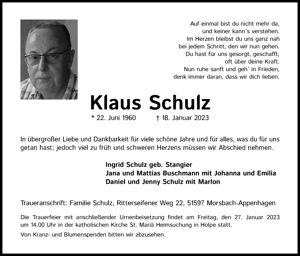  Traueranzeige für Klaus Schulz vom 25.01.2023 aus Kölner Stadt-Anzeiger / Kölnische Rundschau / Express