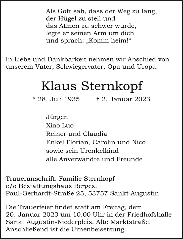  Traueranzeige für Klaus Sternkopf vom 13.01.2023 aus  Extra Blatt 