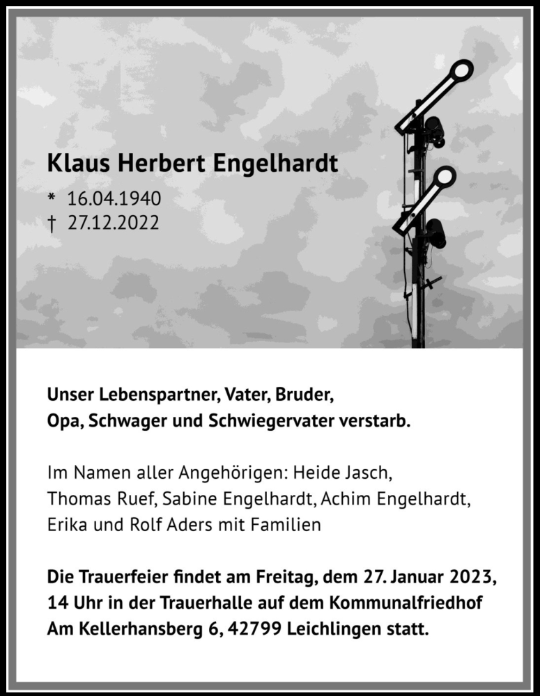  Traueranzeige für Klaus Herbert Engelhardt vom 14.01.2023 aus Kölner Stadt-Anzeiger / Kölnische Rundschau / Express
