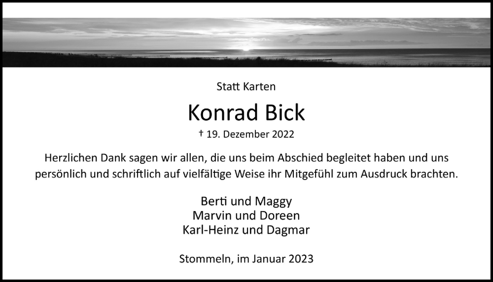  Traueranzeige für Konrad Bick vom 27.01.2023 aus  Wochenende 