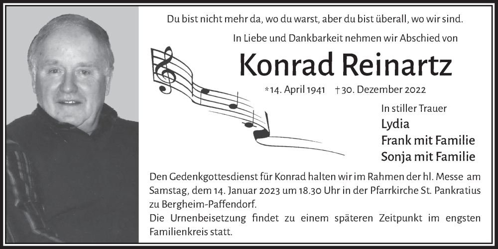  Traueranzeige für Konrad Reinartz vom 06.01.2023 aus  Werbepost 