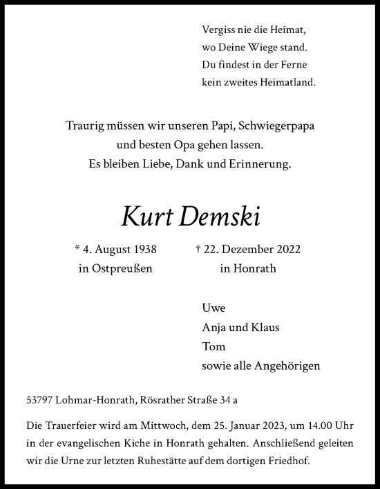 Anzeige von Kurt Demski von Kölner Stadt-Anzeiger / Kölnische Rundschau / Express