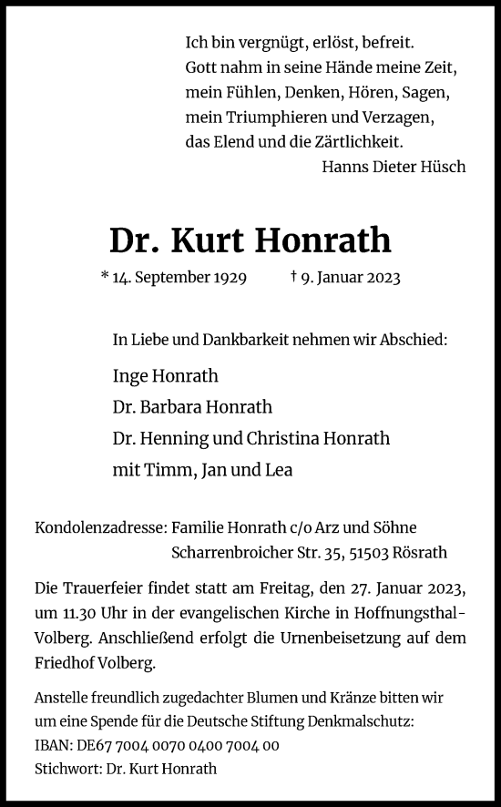 Anzeige von Kurt Honrath von Kölner Stadt-Anzeiger / Kölnische Rundschau / Express