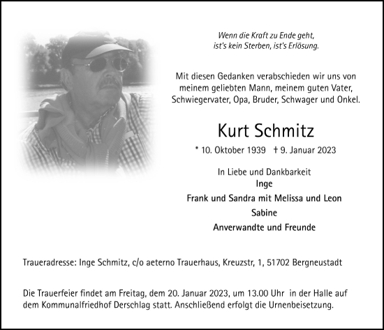 Anzeige von Kurt Schmitz von  Anzeigen Echo 