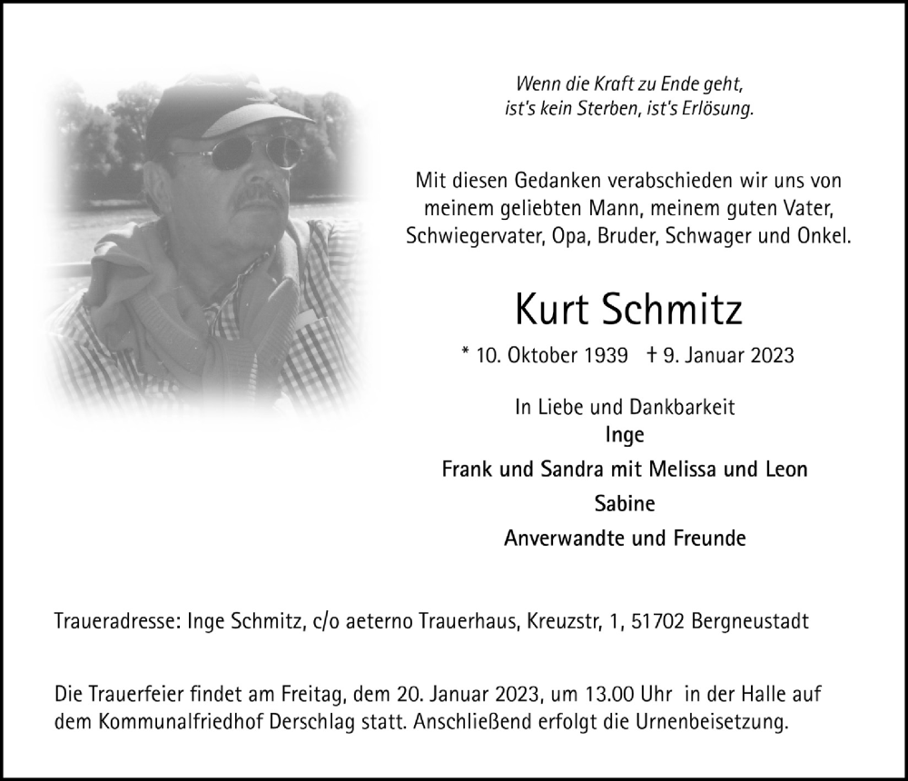  Traueranzeige für Kurt Schmitz vom 13.01.2023 aus  Anzeigen Echo 