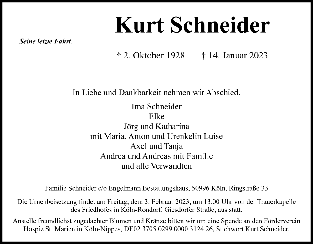  Traueranzeige für Kurt Schneider vom 28.01.2023 aus Kölner Stadt-Anzeiger / Kölnische Rundschau / Express